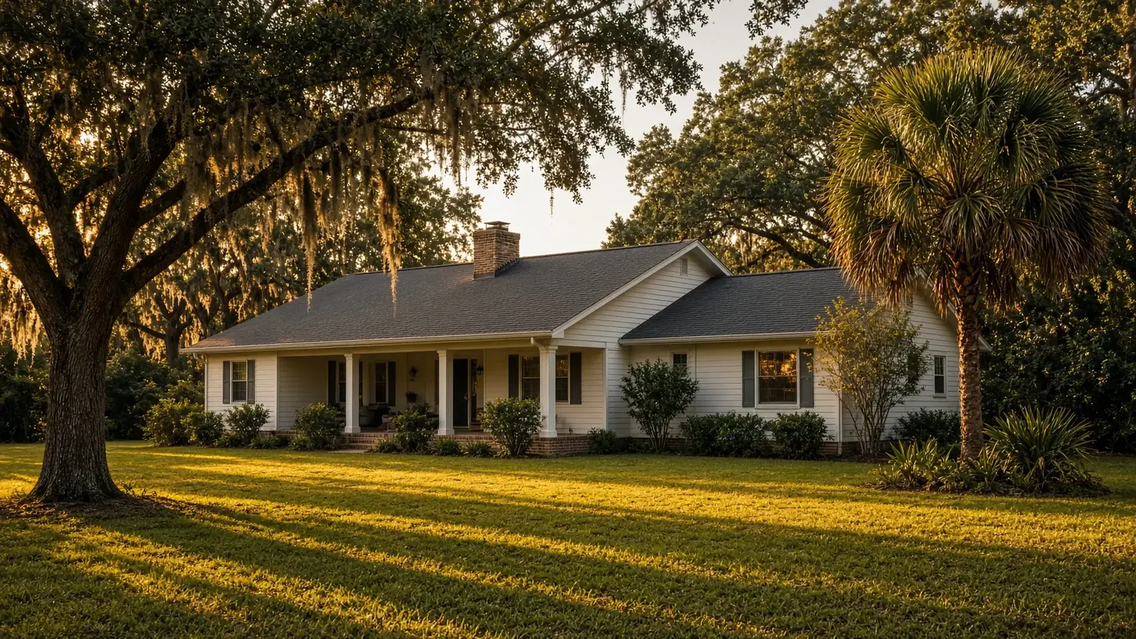 Florida home with a fresh shingle roof at golden hour