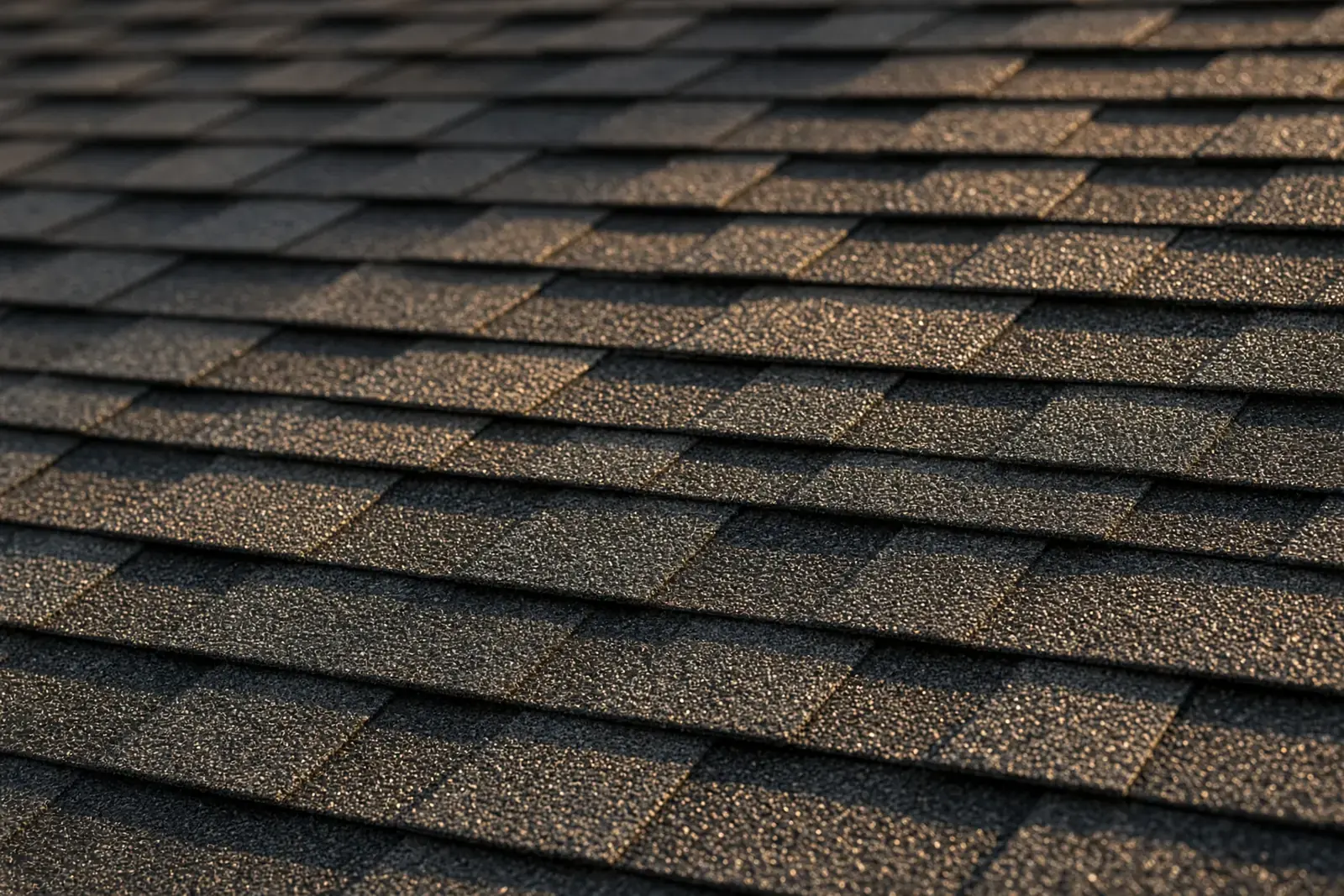 Close-up of new architectural asphalt shingles in warm light