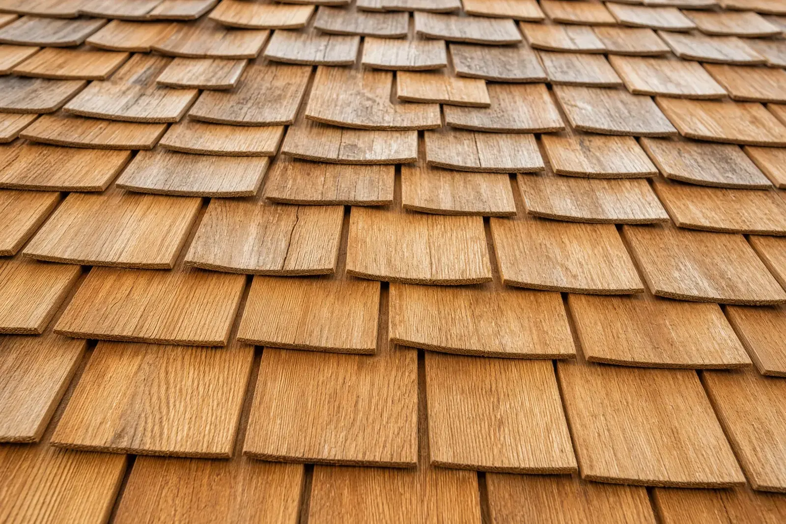 Close-up of cedar shake roofing with visible wood grain