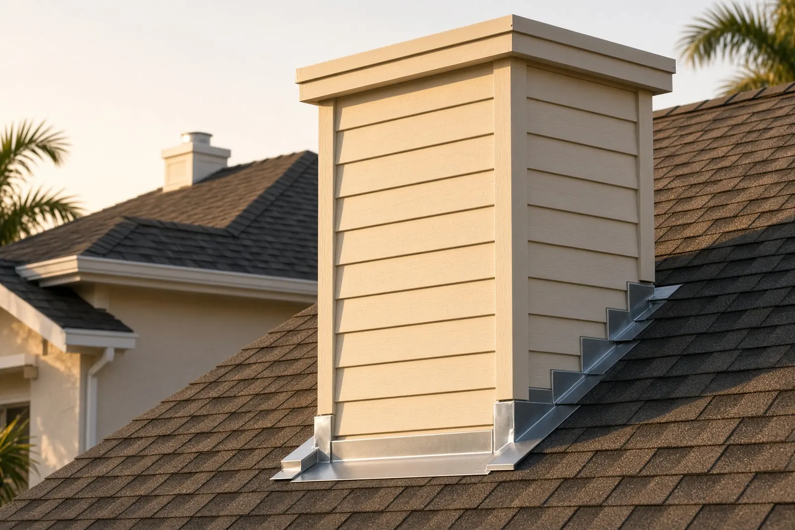 Wood-framed chimney chase with siding and metal flashing on an asphalt shingle roof