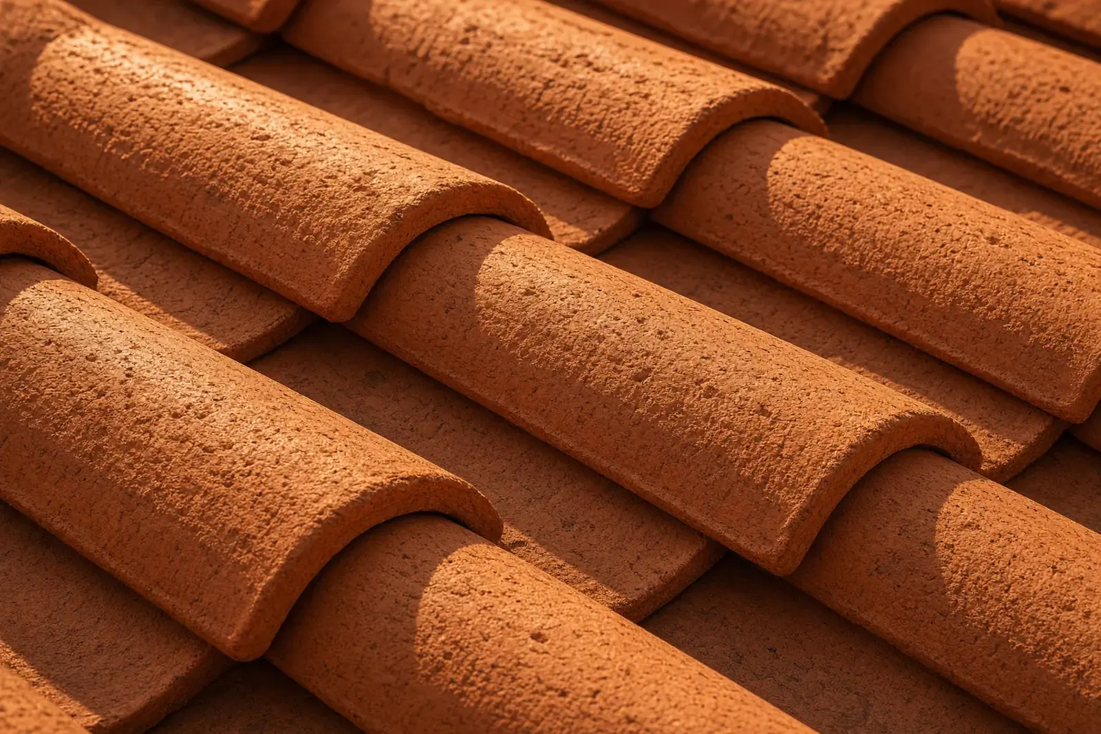 Close-up of overlapping terracotta clay barrel tiles