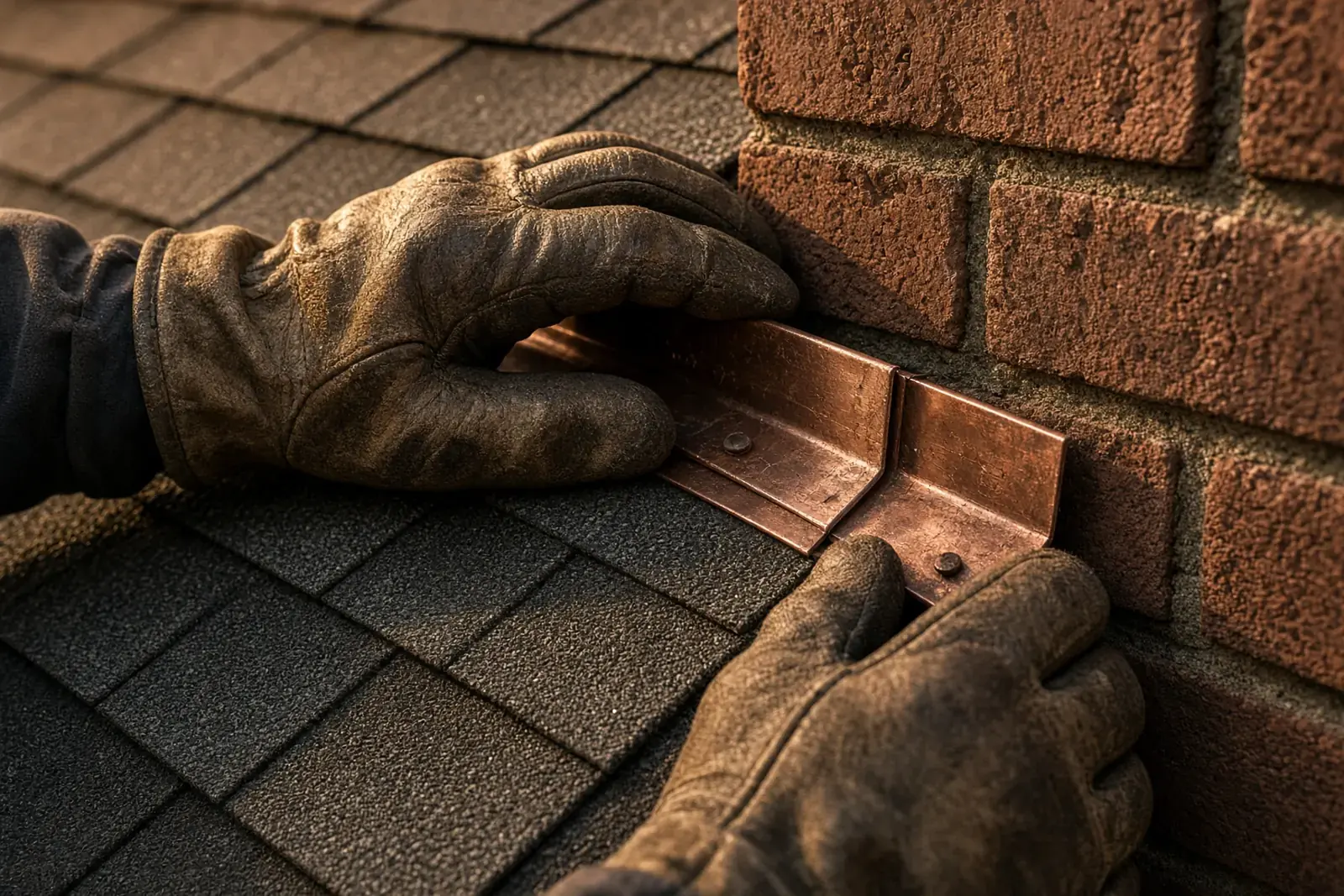 Gloved hands installing copper step flashing where shingles meet brick
