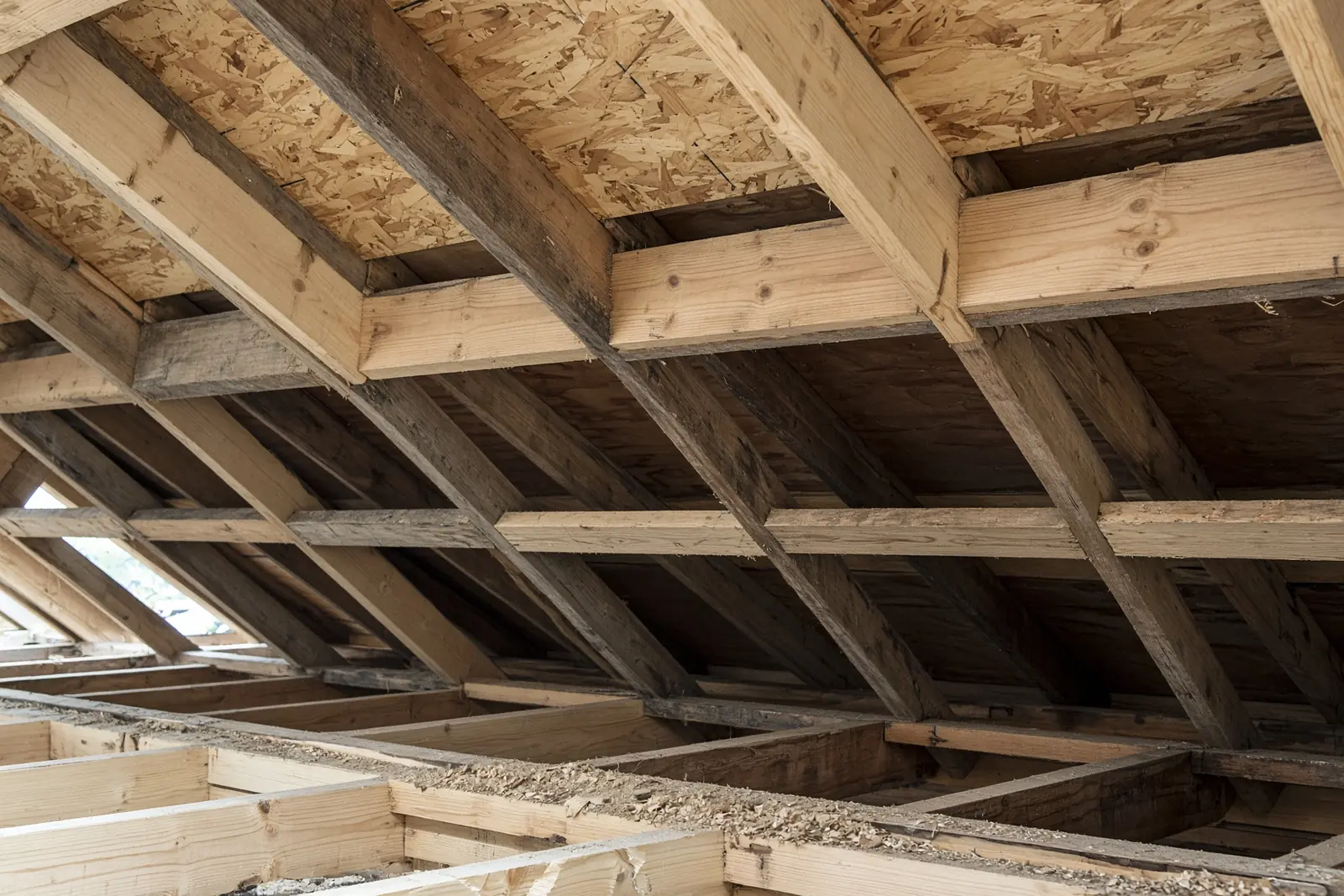 Sistered wood rafters and OSB roof deck during a structural repair