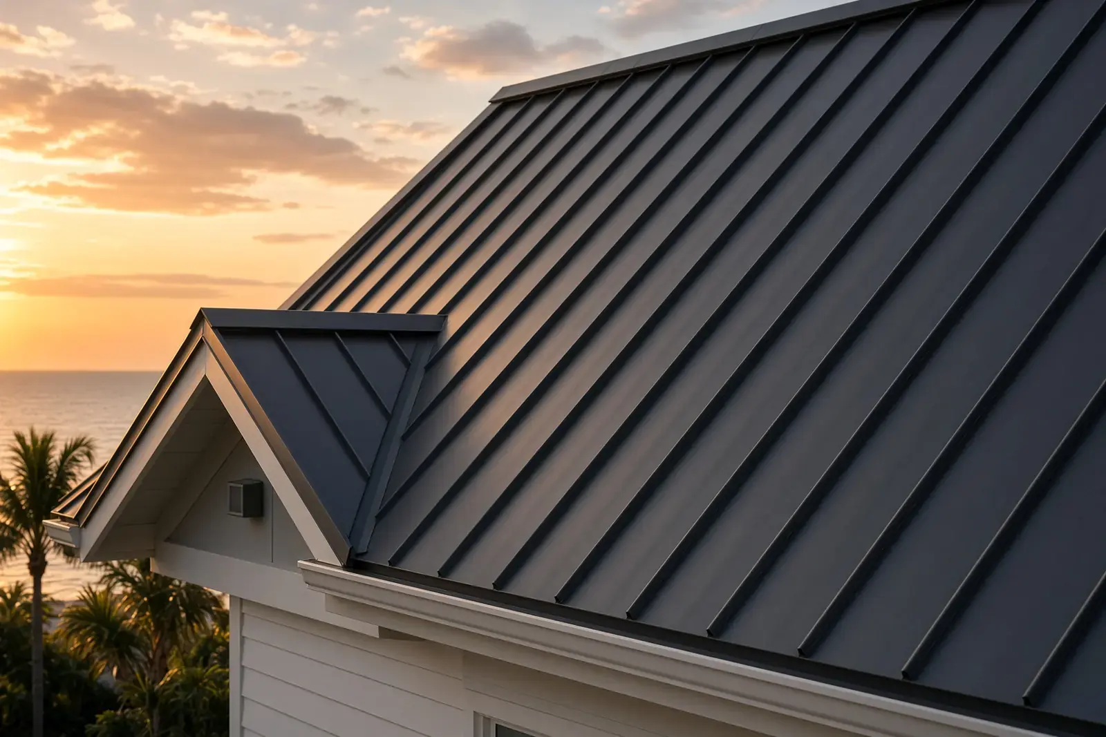 Standing seam metal roof with crisp vertical lines at sunset
