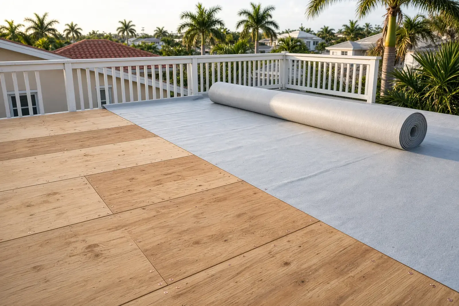 Plywood roof deck with a waterproof membrane being rolled out