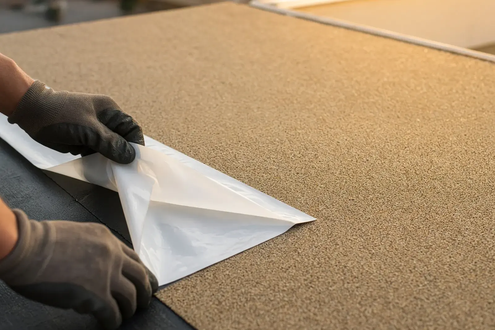 Gloved hands peeling the release film from a self-adhered cap sheet