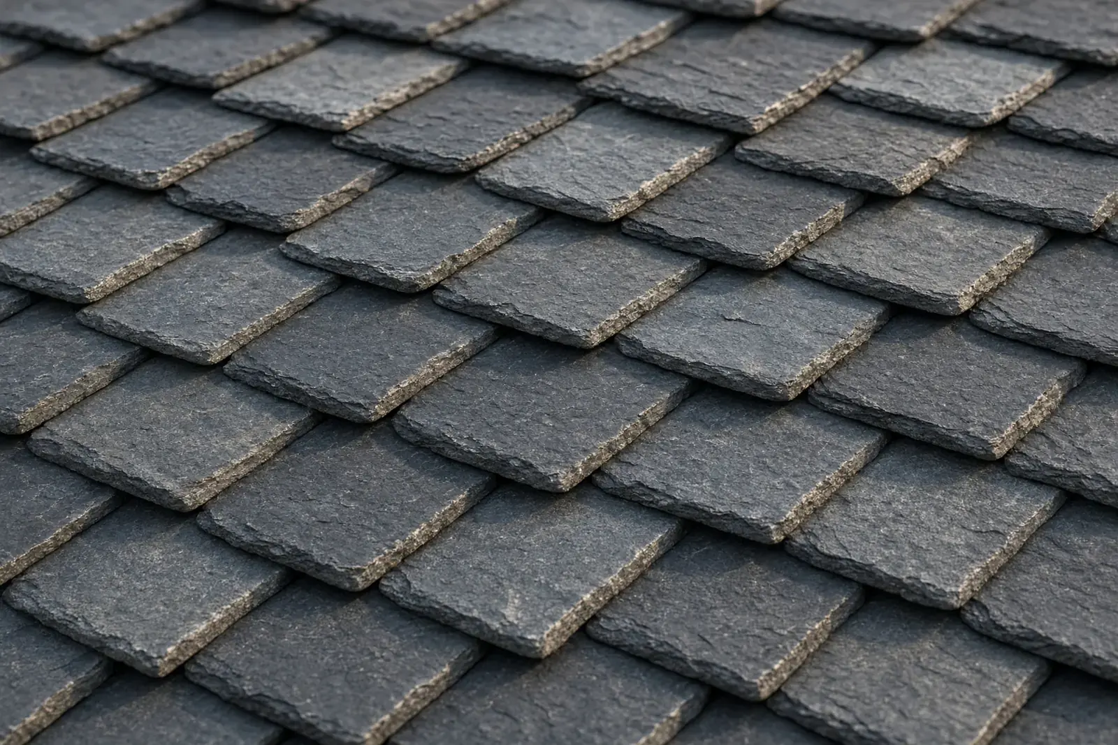 Close-up of natural slate roof tiles in charcoal and blue-gray