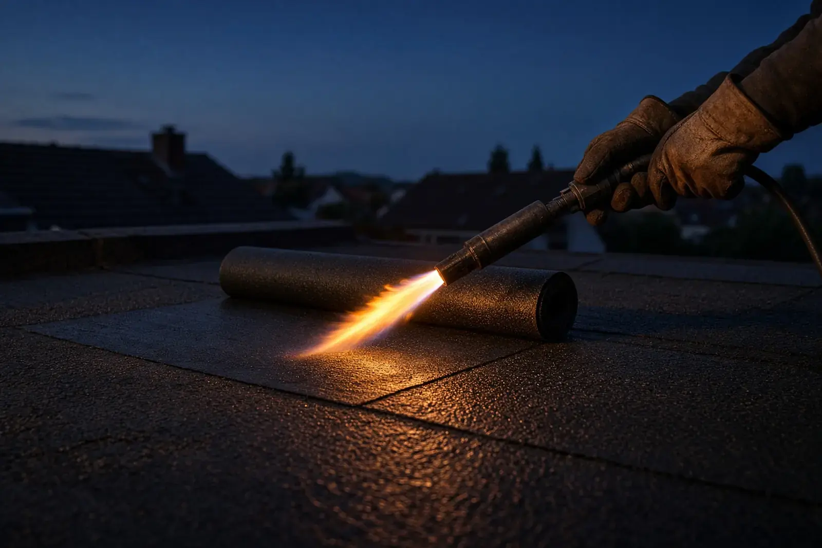 Gloved hands torching a modified bitumen roll on a flat roof at dusk